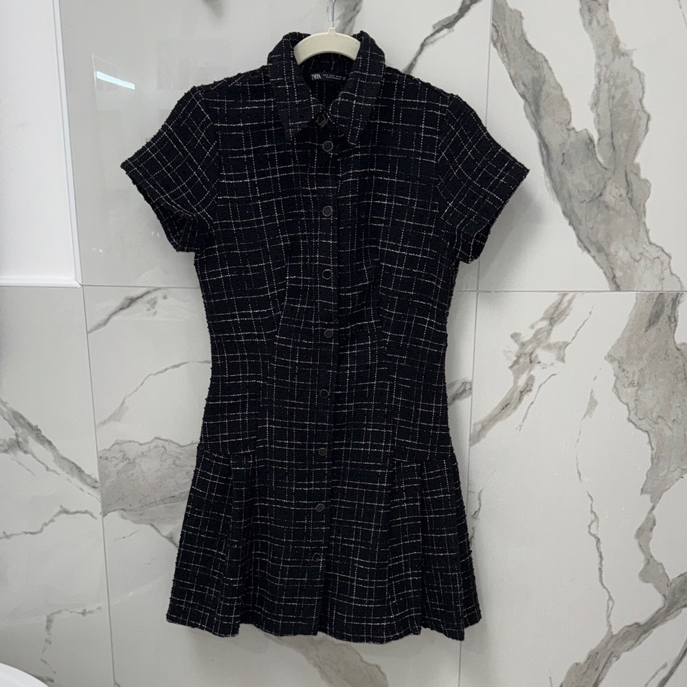 Zara Black Windowpane Plaid Tweed Buttondown Mini Dress